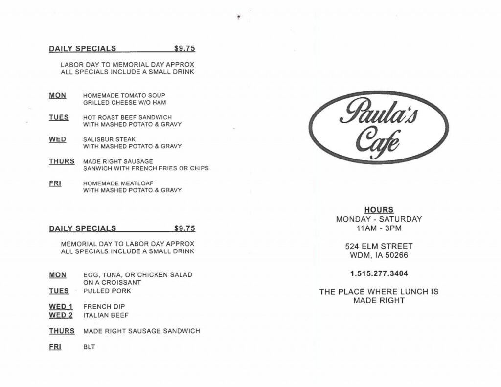 Paula's Cafe menu