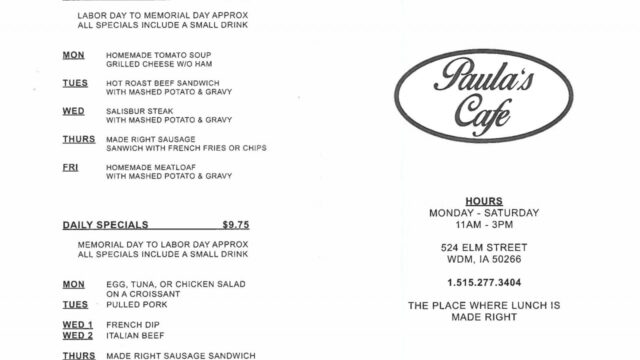 Paula's Cafe menu