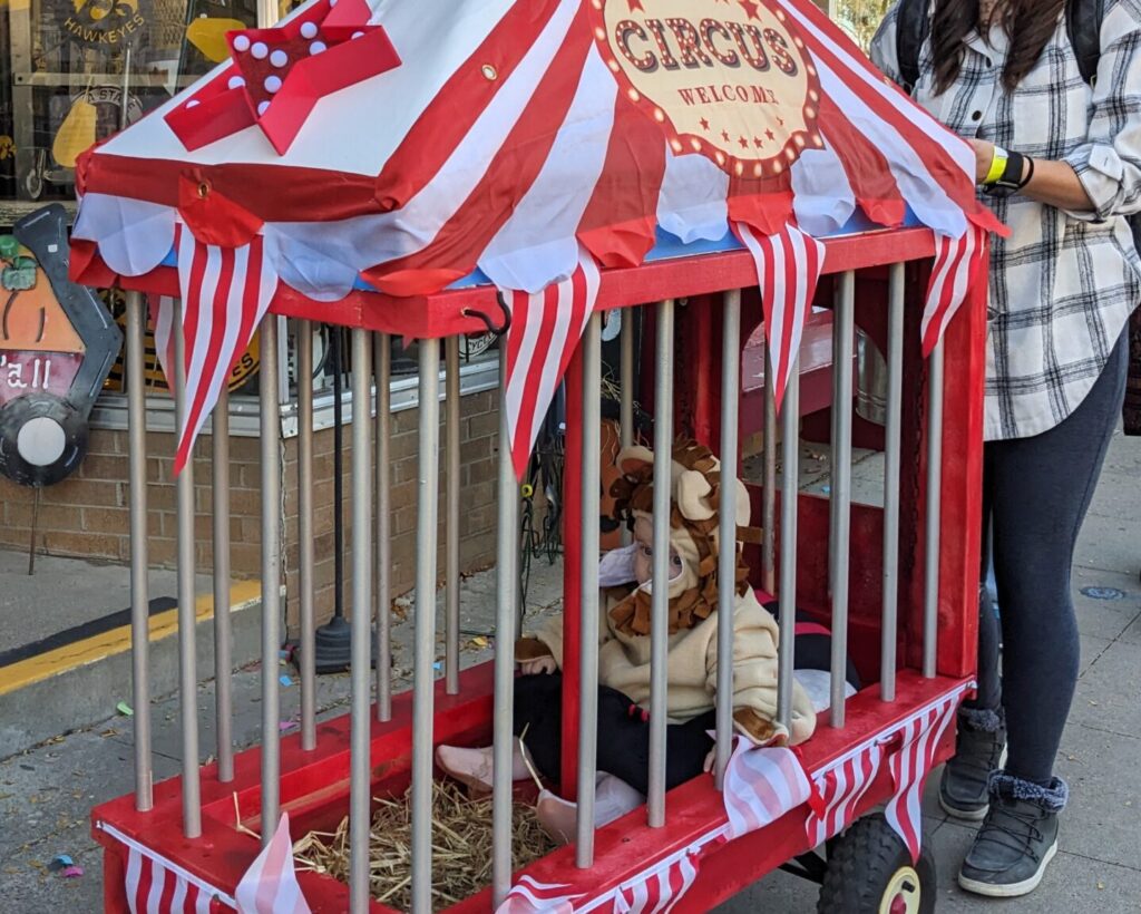baby dressed as lion in circus tent stroller at pumpkin walk