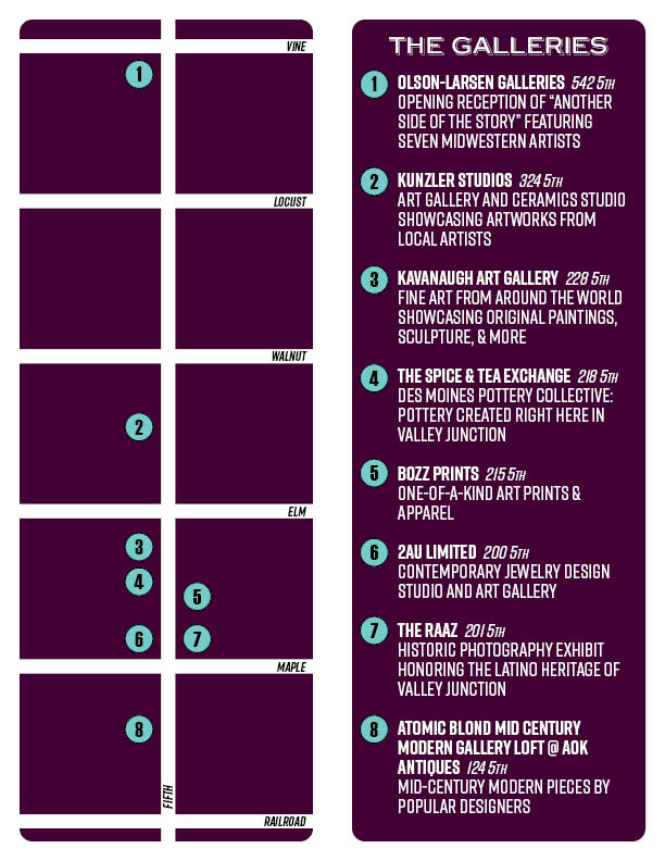 purple map of the location of eight gallery night galleries