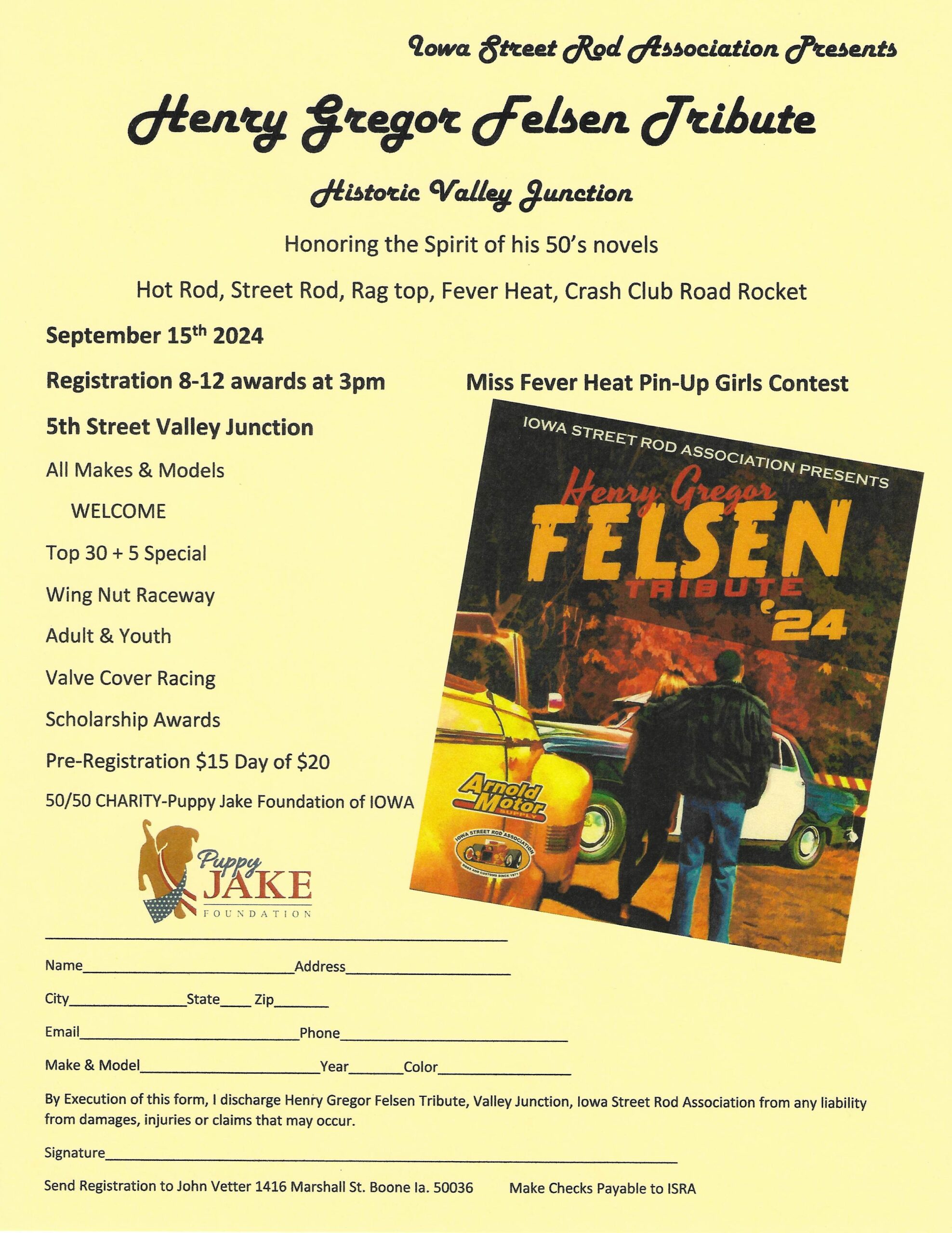 Henry gregor felsen tribute car show registration flyer with 2024 poster