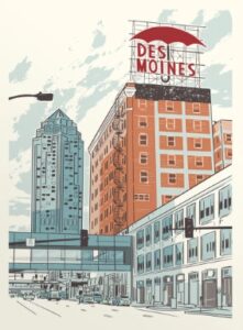 poster of downtown des moines and the travelers umbrella