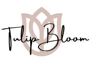tulip bloom logo black cursive on pink library