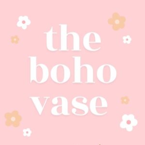 the boho vase logo white letters on pink background