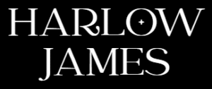 harlow + james logo white letters on black background