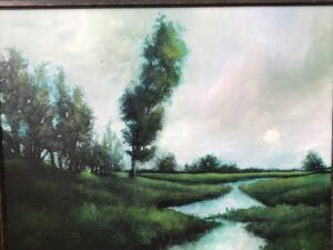 painting of a creek and, green grass, and trees with the moon in the background by Parr