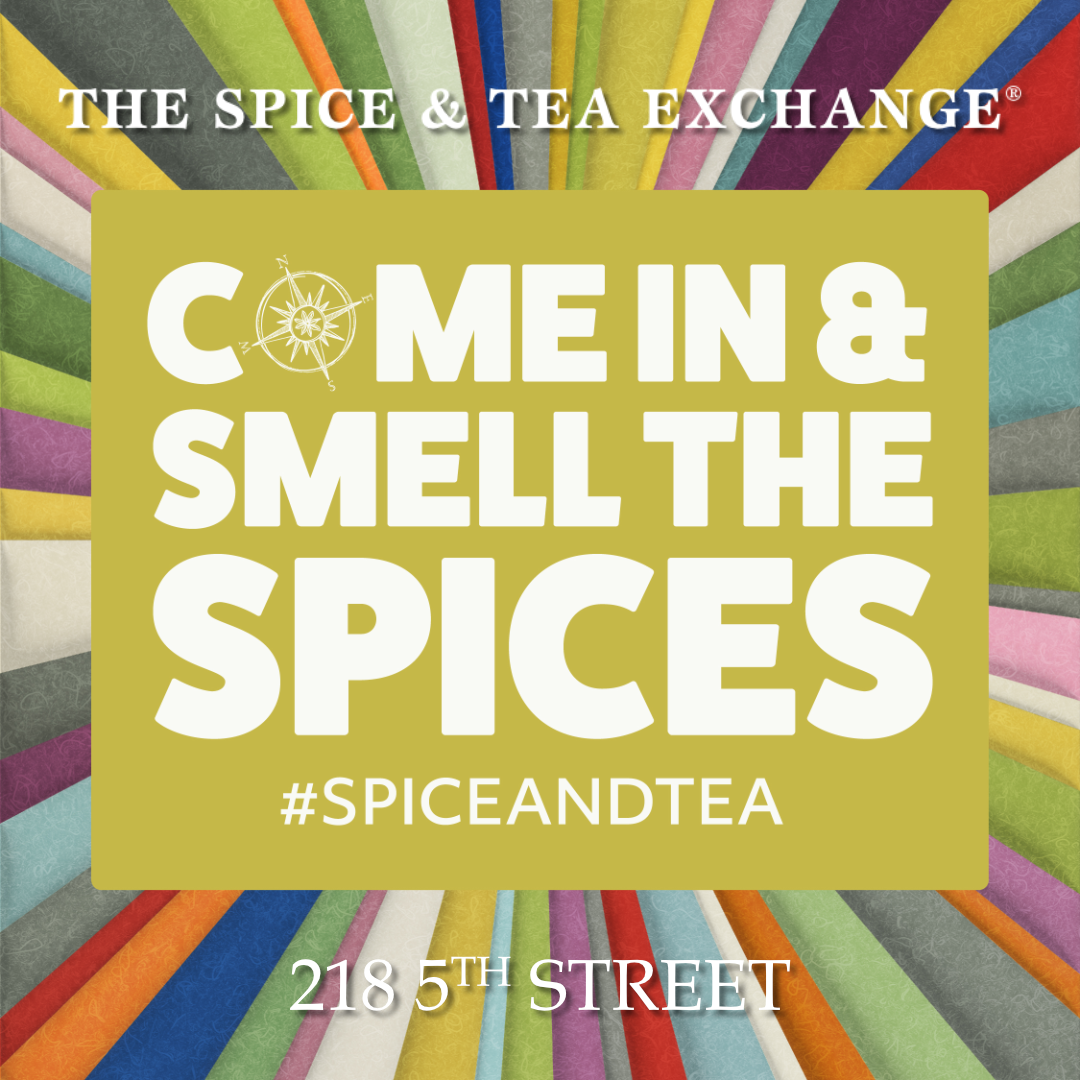 The spice & tea exchange "come in & smell the spices" ad with color blast behind it