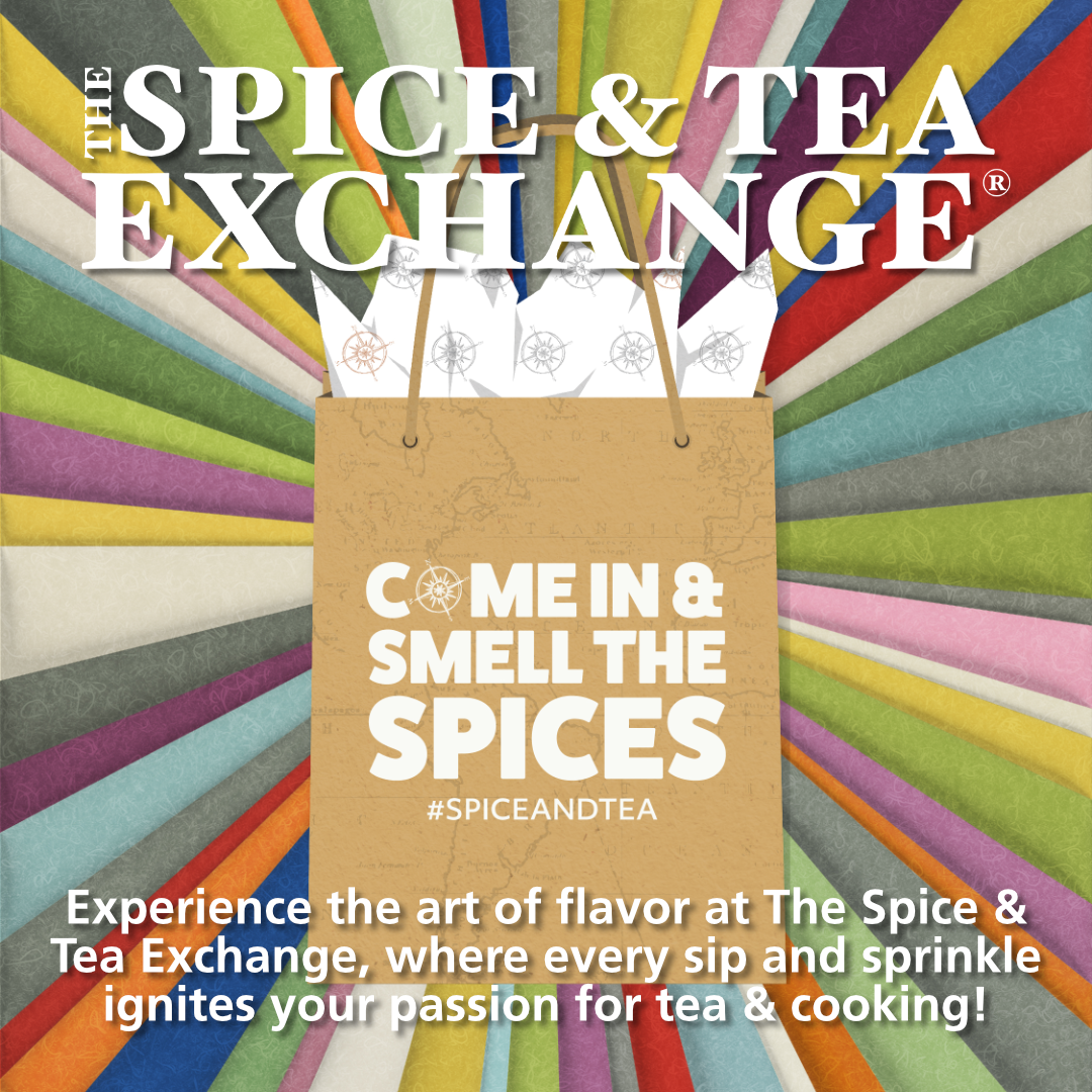 The spice & tea exchange "come in & smell the spices" ad with color blast behind it