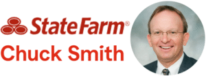 chuck smith state farm logo with his profile pic and letters in red