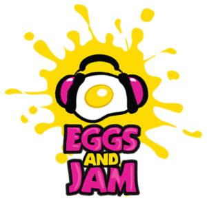 eggs and jam logo egg with headphones and splatter