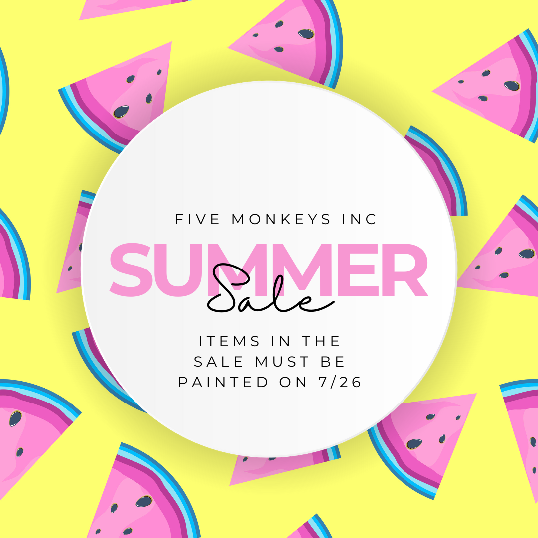 five monkeys summer sale ad on yellow background with watermelons