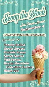 scoop the block ice cream social event flyer with totally rolled, street sweets, outside scoop, sweet swirls, V&B farms, rocky mountain chocolate factory, and black cat ice cream 