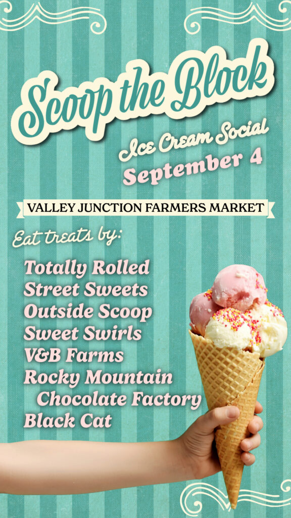 scoop the block ice cream social event flyer with totally rolled, street sweets, outside scoop, sweet swirls, V&B farms, rocky mountain chocolate factory, and black cat ice cream