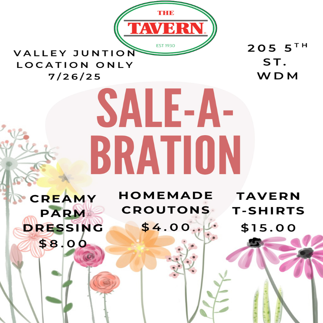 tavern sale-a-bration ad with wildflowers and white