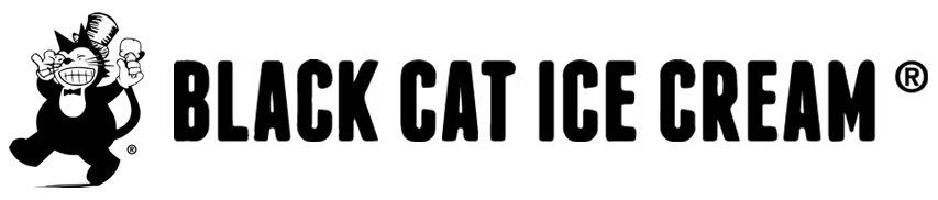 black cat ice cream logo with cat with a top hat to the left of the words black cat ice cream